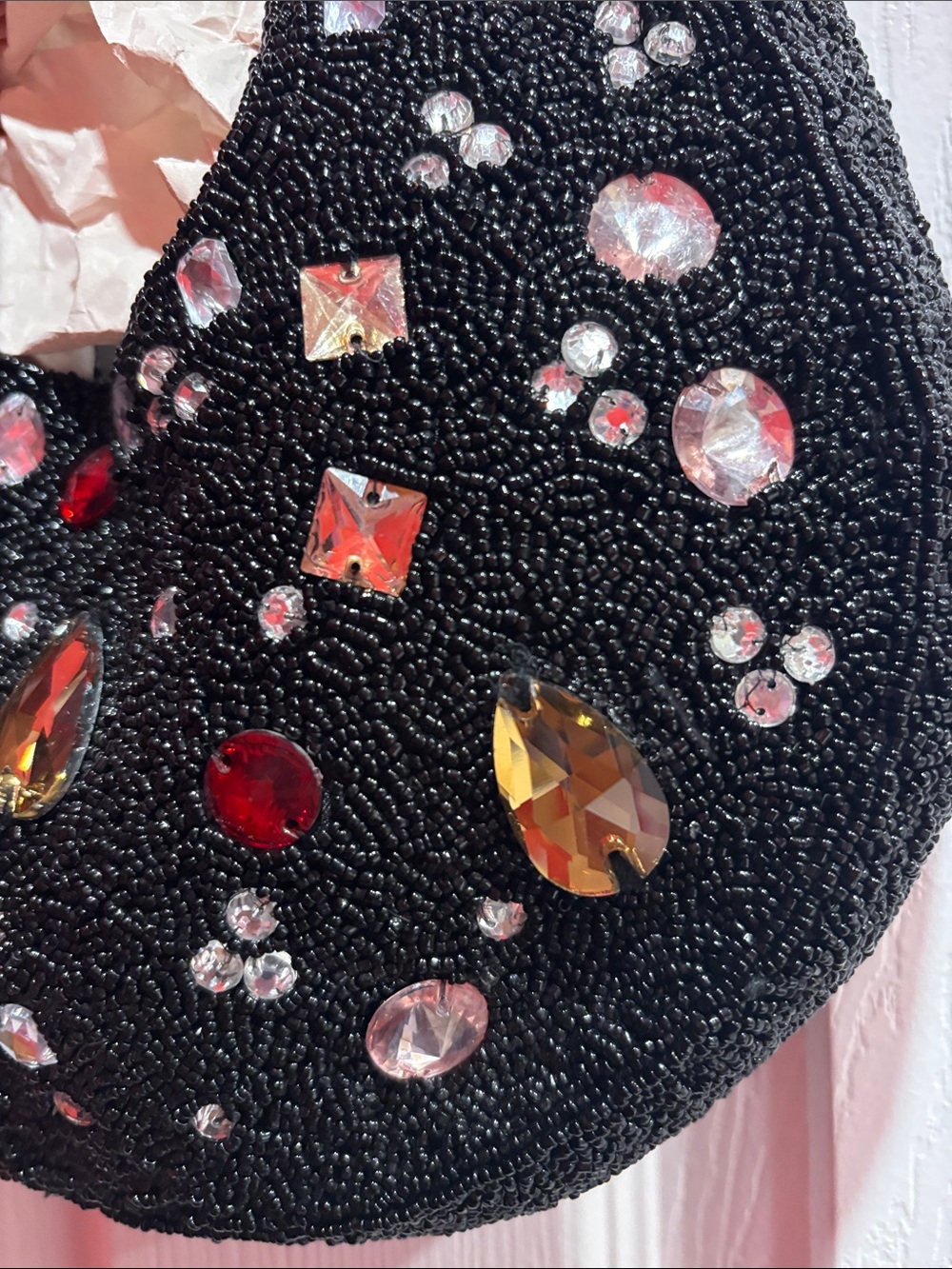 BNWT Made in India Embellished Black Beaded Shoulder Bag with Red & Clear Gems - Picture 3 of 8